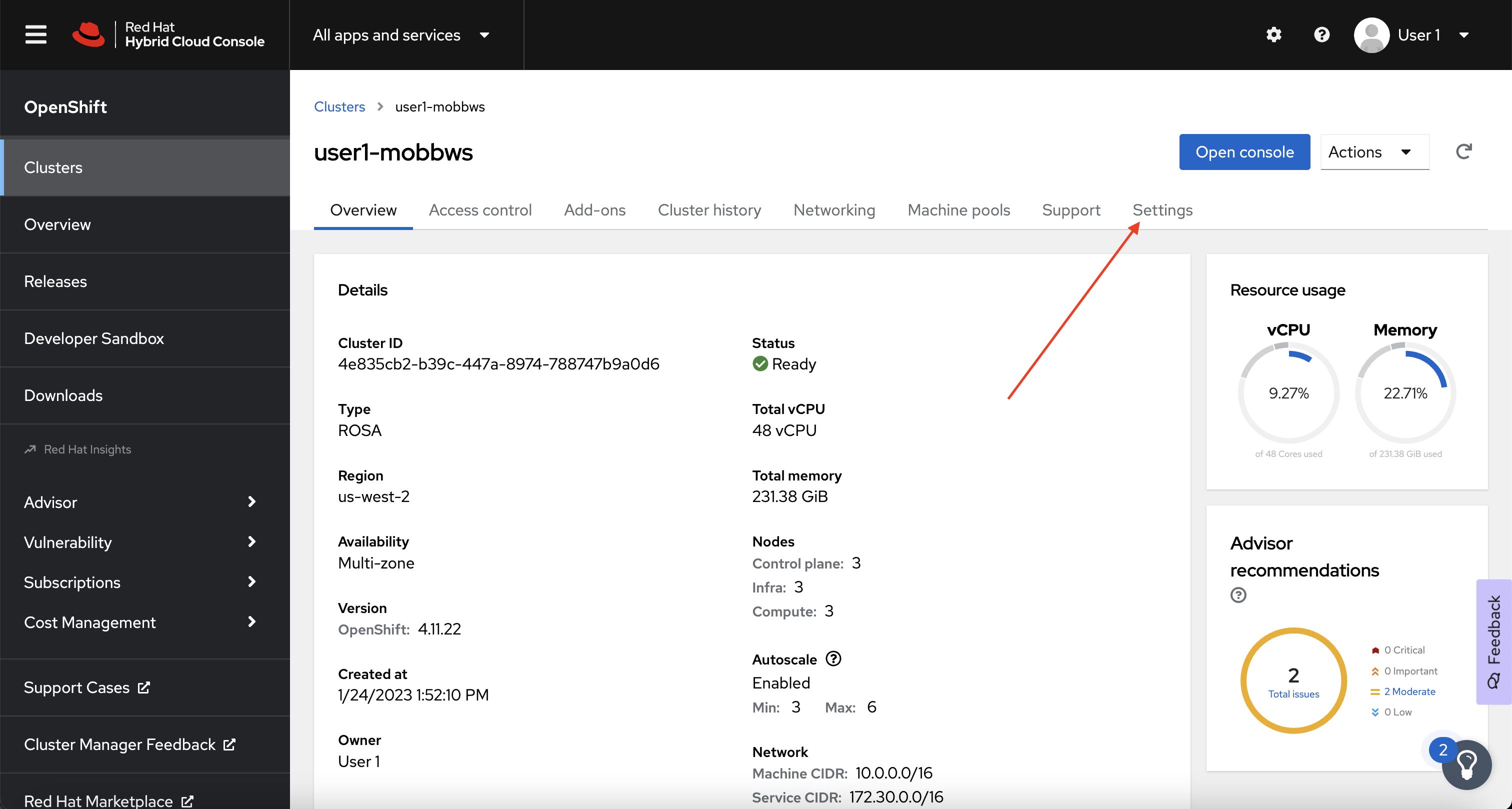 OCM - Cluster Detail Overview Settings