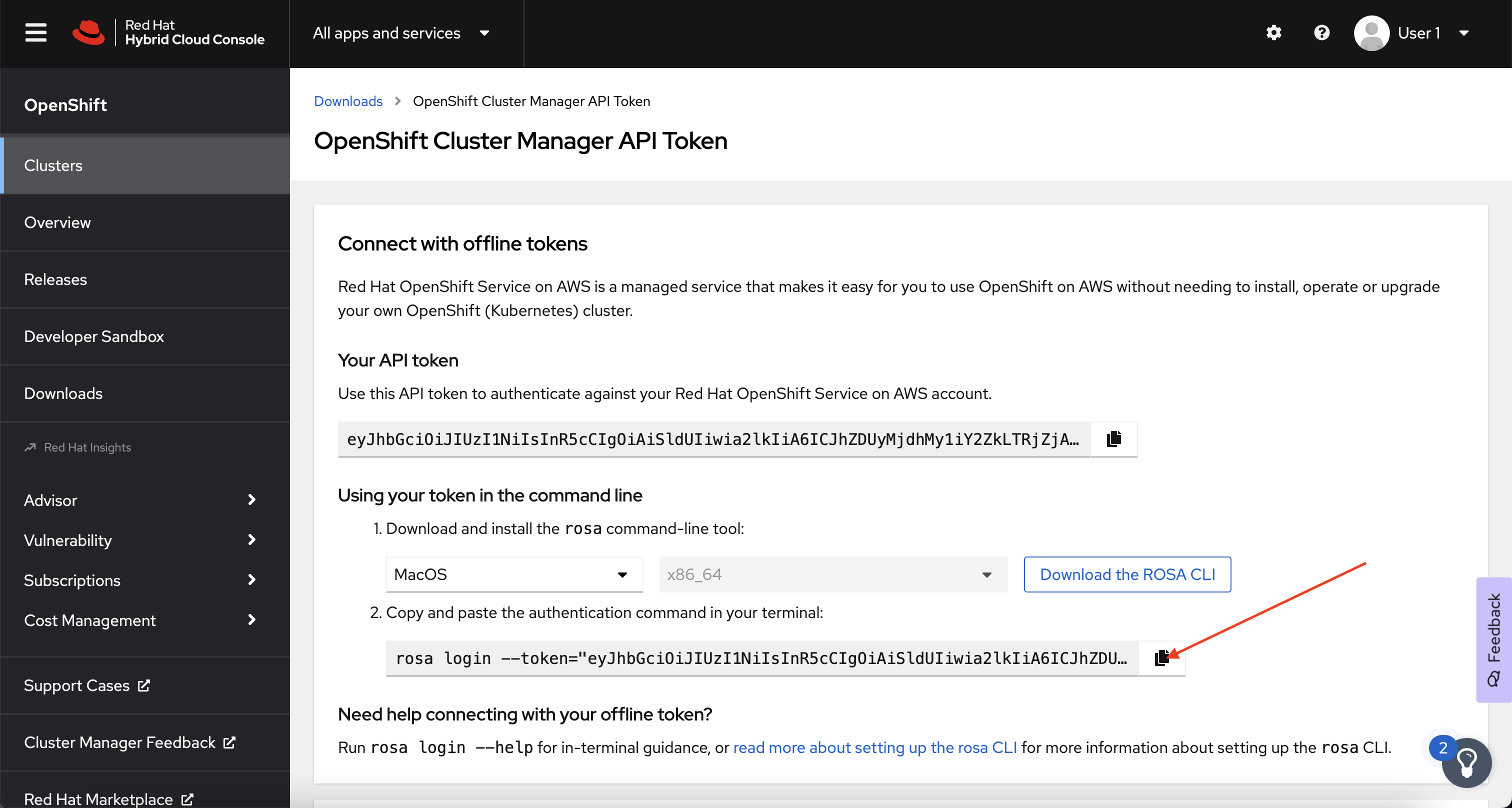 OpenShift Cluster Manager - Copy Login Command