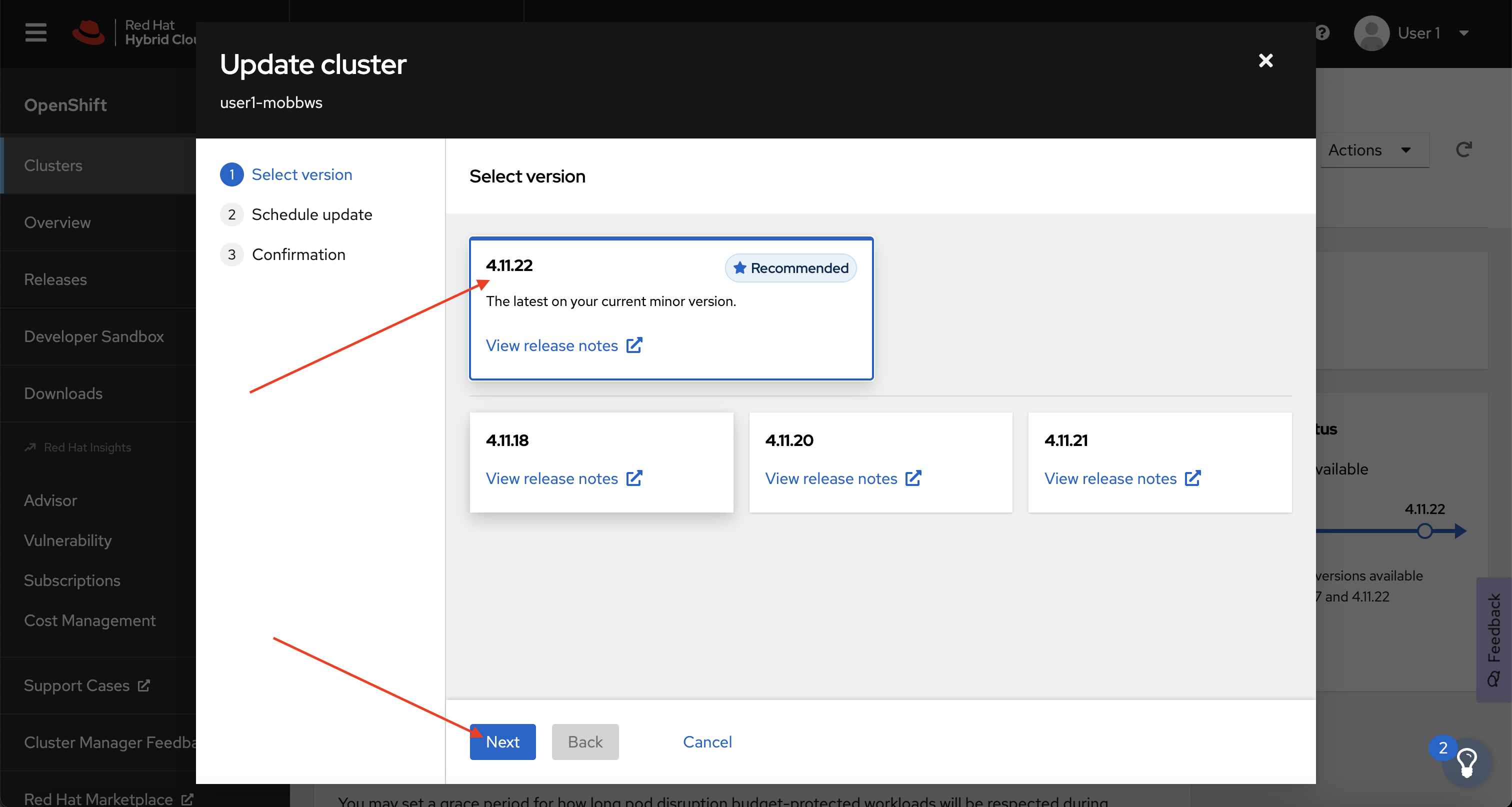 OCM - Update Version Select