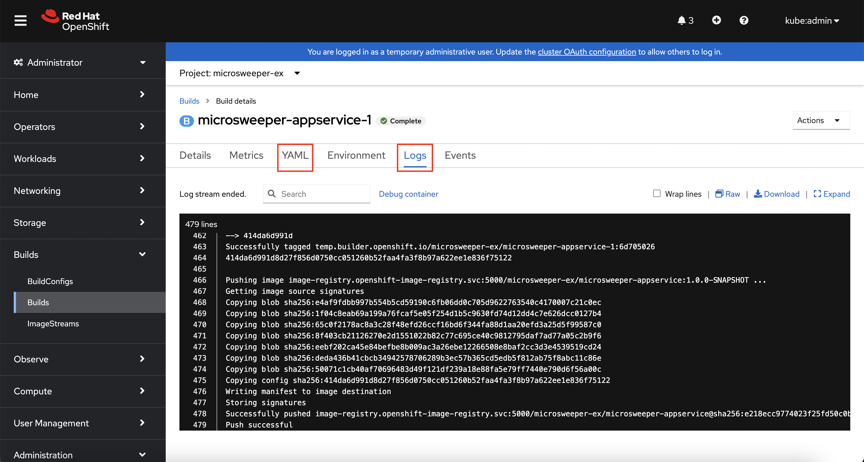 OpenShift Web Console - Build Logs