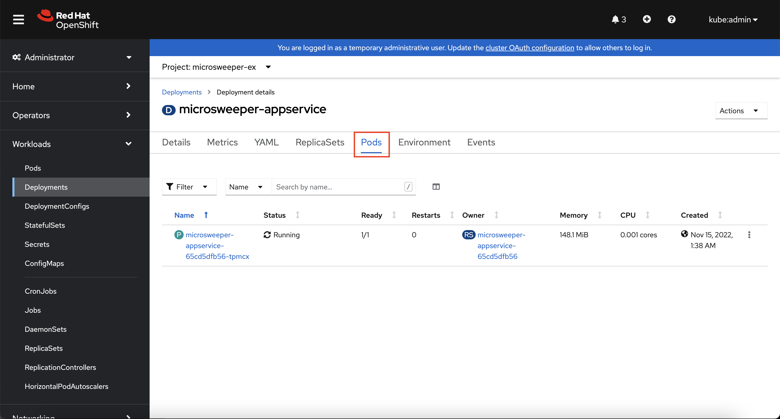 OpenShift Web Console - Deployment Pods