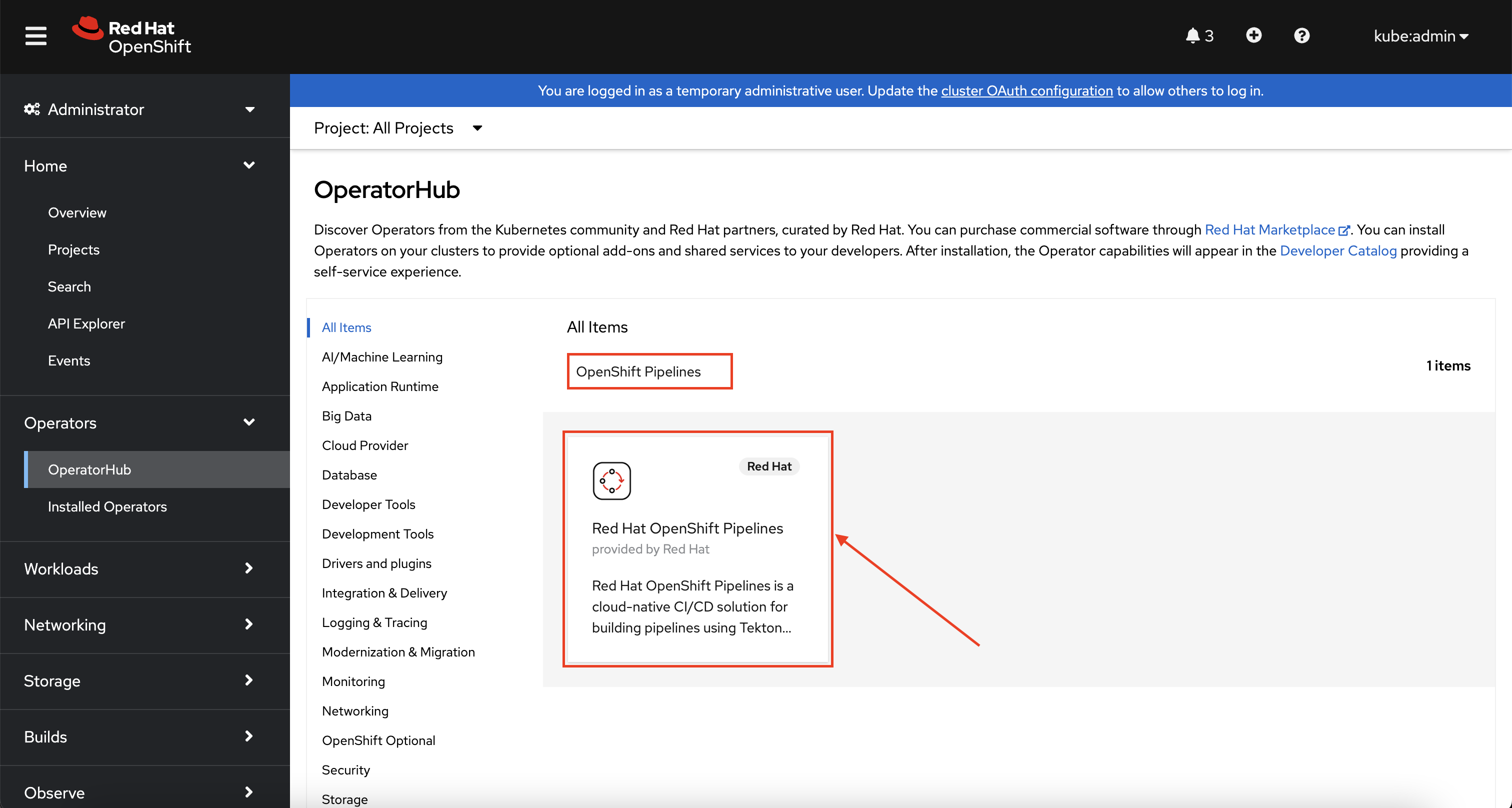 Web Console - OpenShift Pipelines Operator Selection